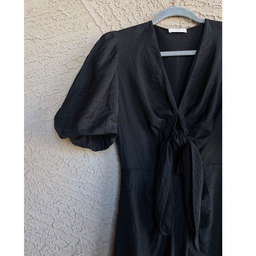 SANDRO Black Linen Tie Front Puff Sleeve Wrap Skirt Bloane Blum Midi Dress S - Picture 15 of 17